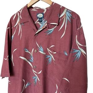 VTG! Tommy Bahama Men's Hawaiian Shirt L Maroon Birds of Paradise Floral Casual